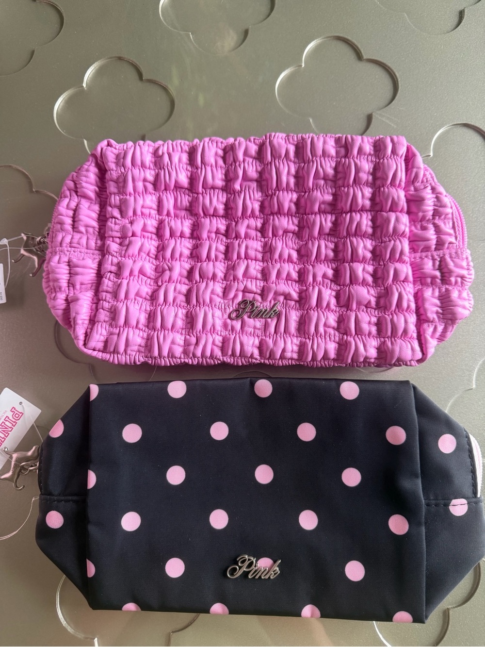 PINK Victoria's Secret Top-Zip Makeup Bag Pink Bloom and Black Polka Dot NWT